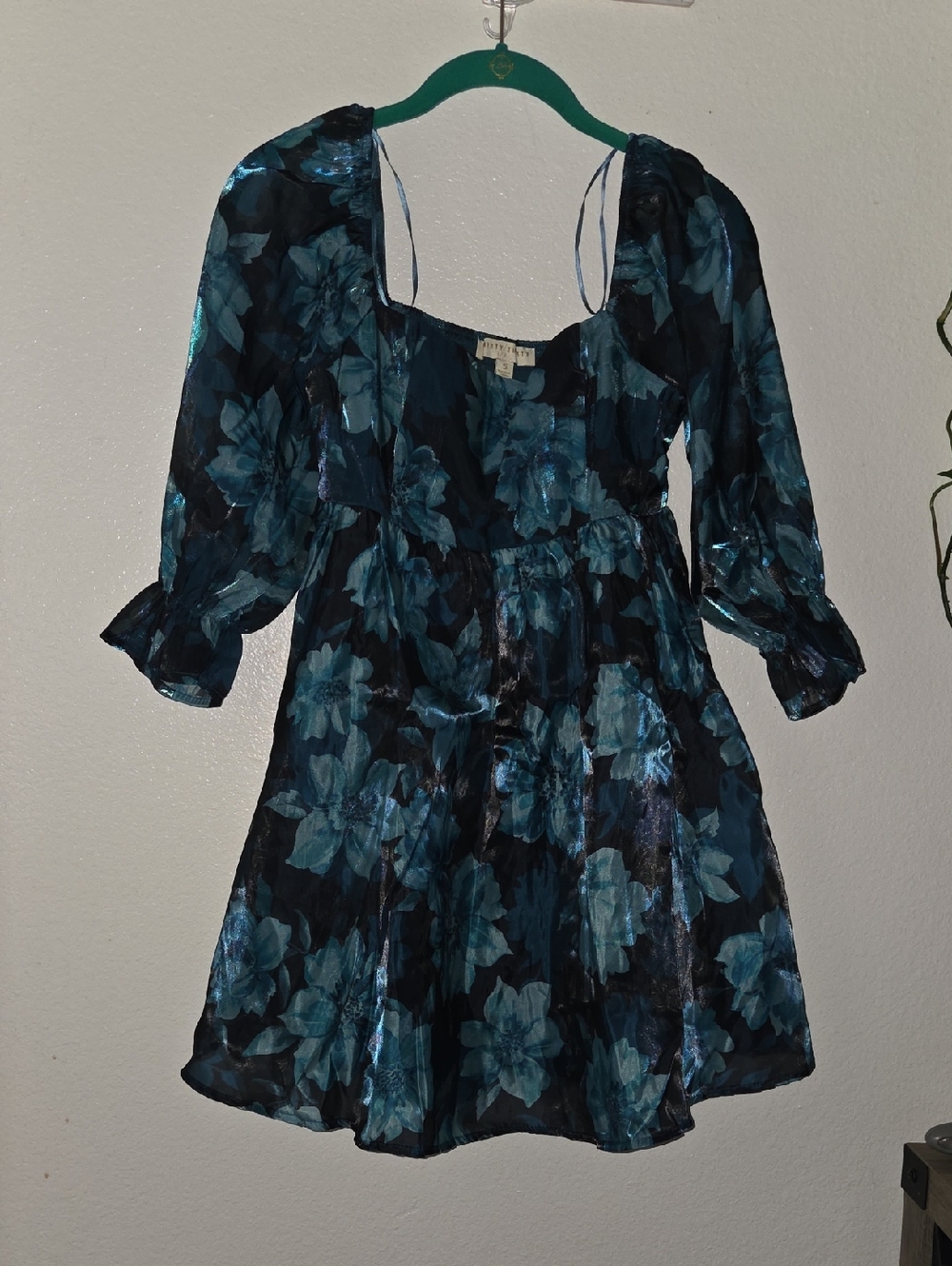 Teal Floral Mini Dress with Puff Sleeves